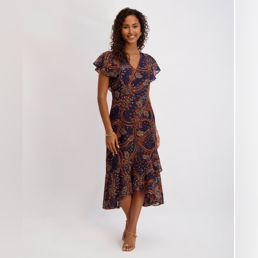 Kensie Burnout Chiffon Navy Floral A-Line Midi Dress Size 12
